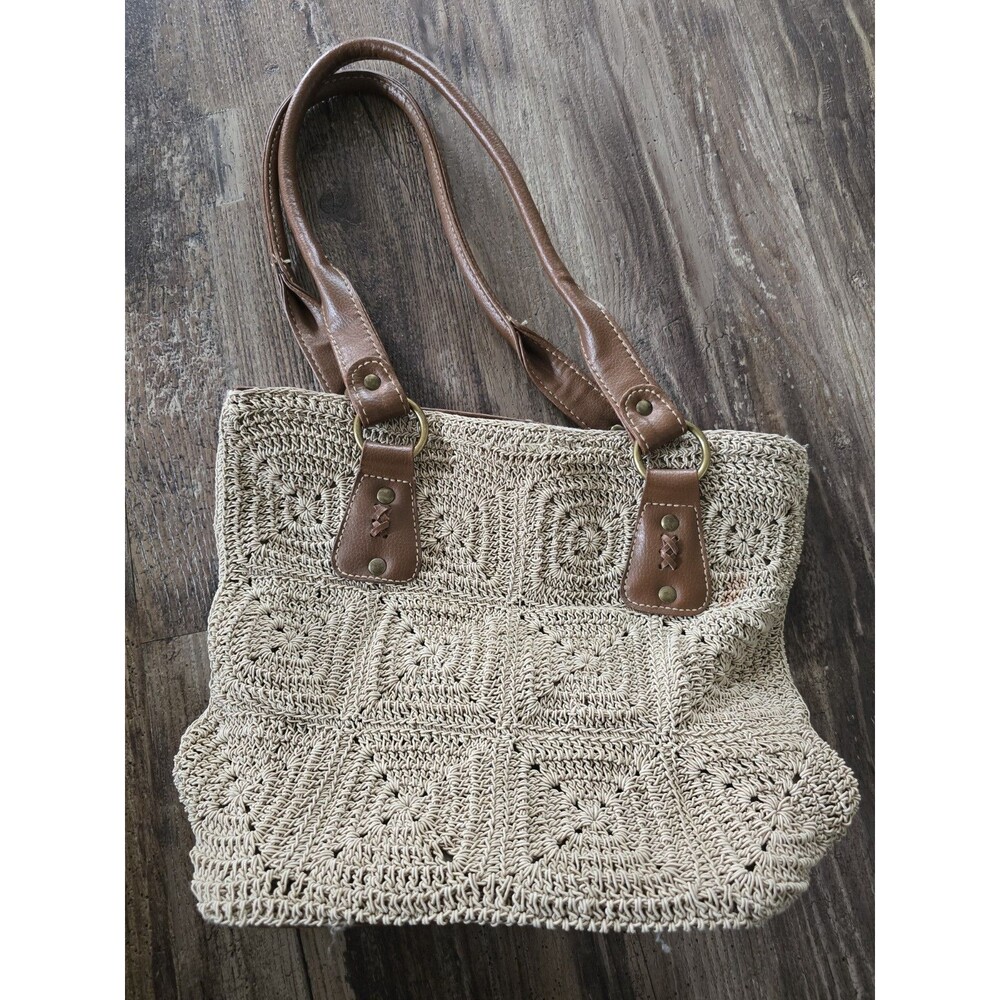 Crochet Boho  Shoulder Bag Lined Zip Top Handbag Purse Cotton Granny Square